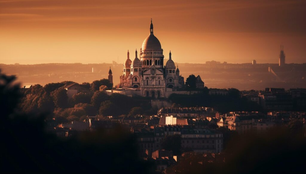 Silhouette of famous basilica at dusk, spirituality reigns generated by AI Stock Free