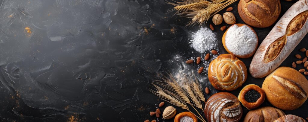 Freshly Baked Bread and Pastries Arranged on a Black Background Stock Free