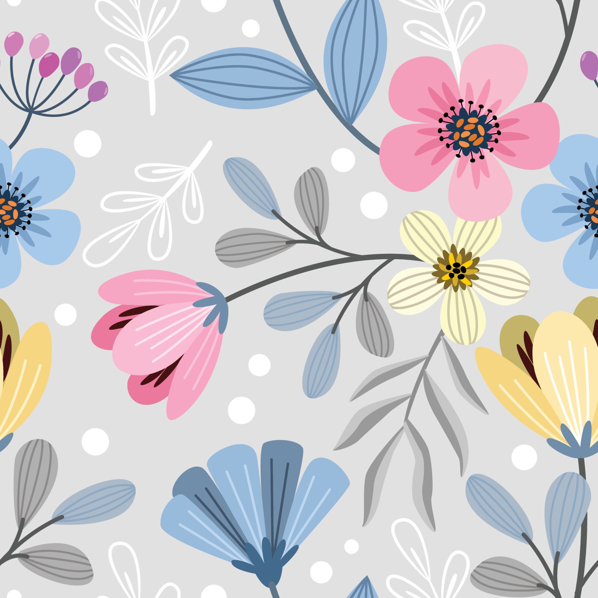 Colorful hand draw flowers seamless pattern Free Vector