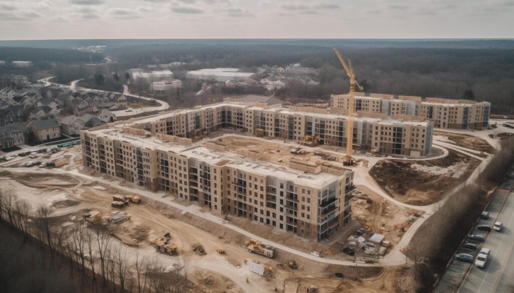 High rise skyscraper under construction, symbolizing progress and growth generated by AI Stock Free