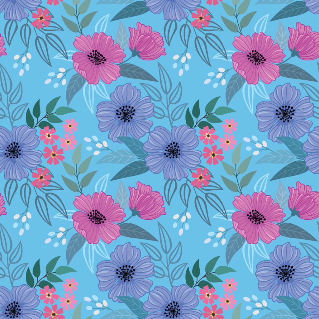 Beautiful blooming flowers design on blue color background seamless pattern. Free Vector