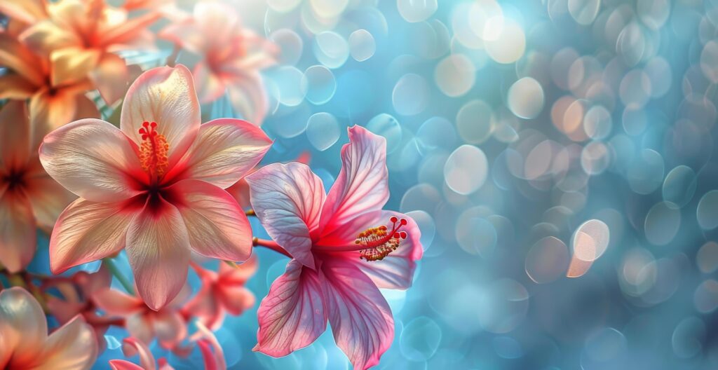 Closeup of Vibrant Pink and Orange Hibiscus Flowers With Bokeh Background Stock Free