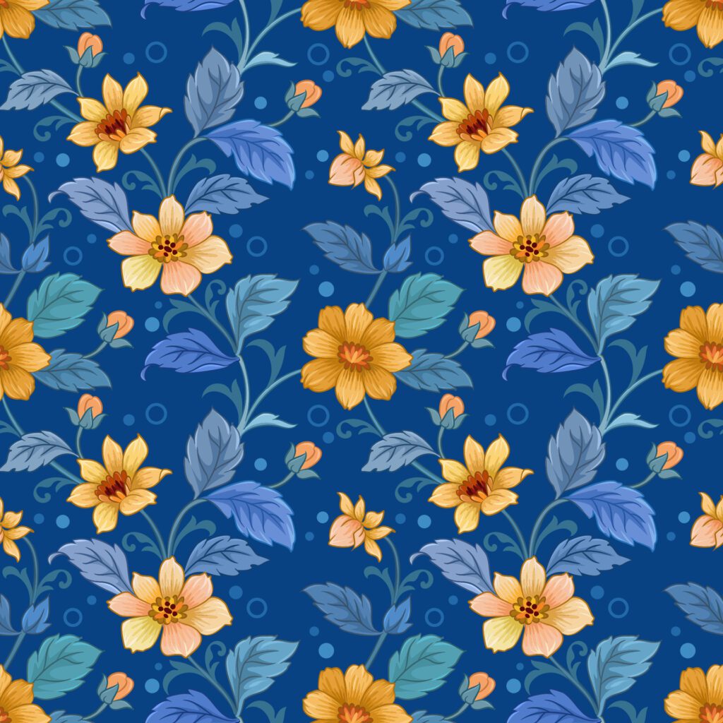 Beautiful blooming flowers design on blue color background seamless pattern. Free Vector