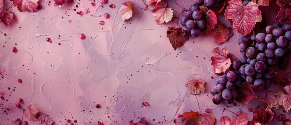 Purple Grapes and Red Leaves on a Pink Background Stock Free