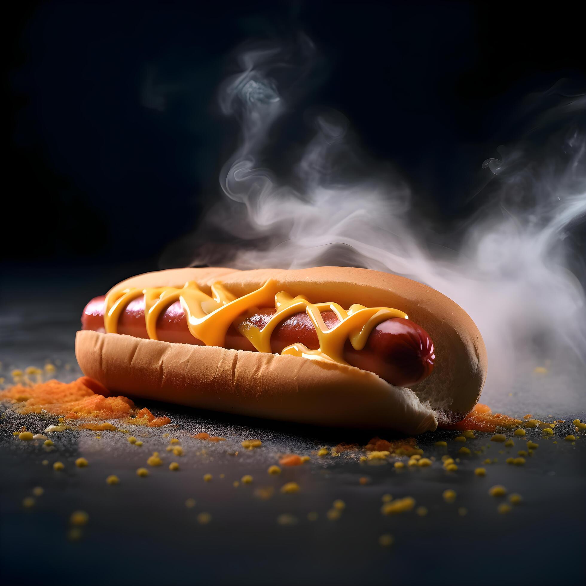 Hot dog with mustard and ketchup on a black background. Fast food., Image Stock Free