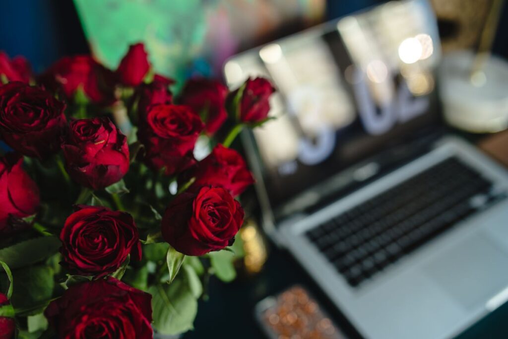 Office Desk Table With Red Roses Stock Free