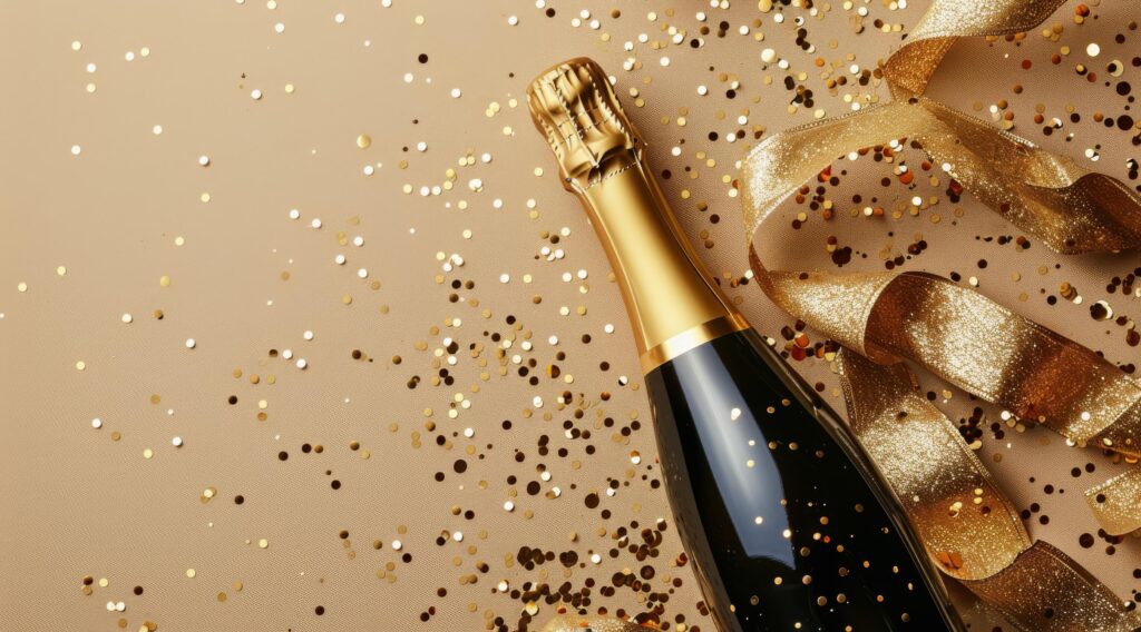 Champagne Bottle Surrounded by Gold Confetti and Ribbon on Beige Background Stock Free