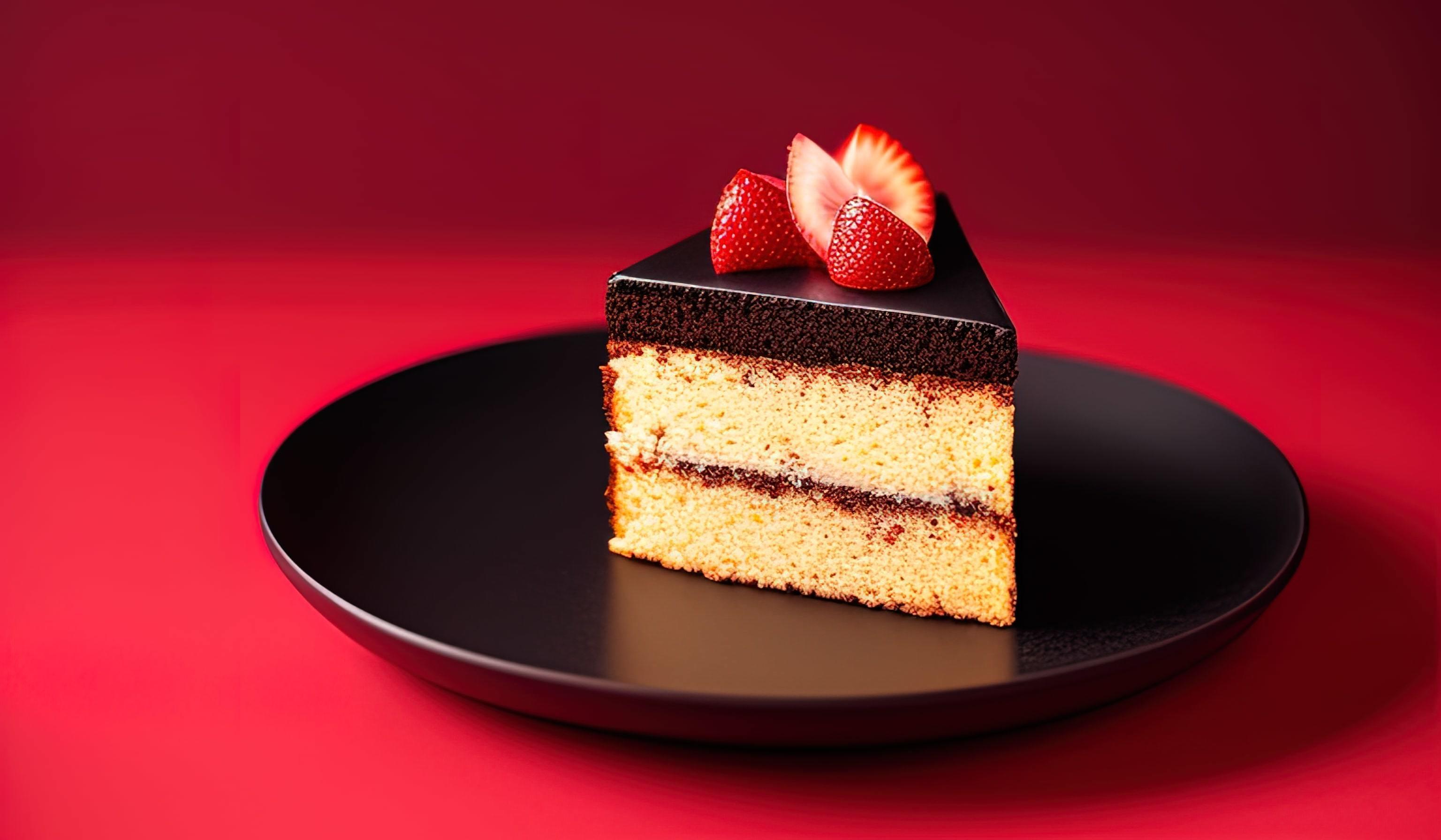 professional food photography of a piece of cake sitting on top of a red plate Stock Free