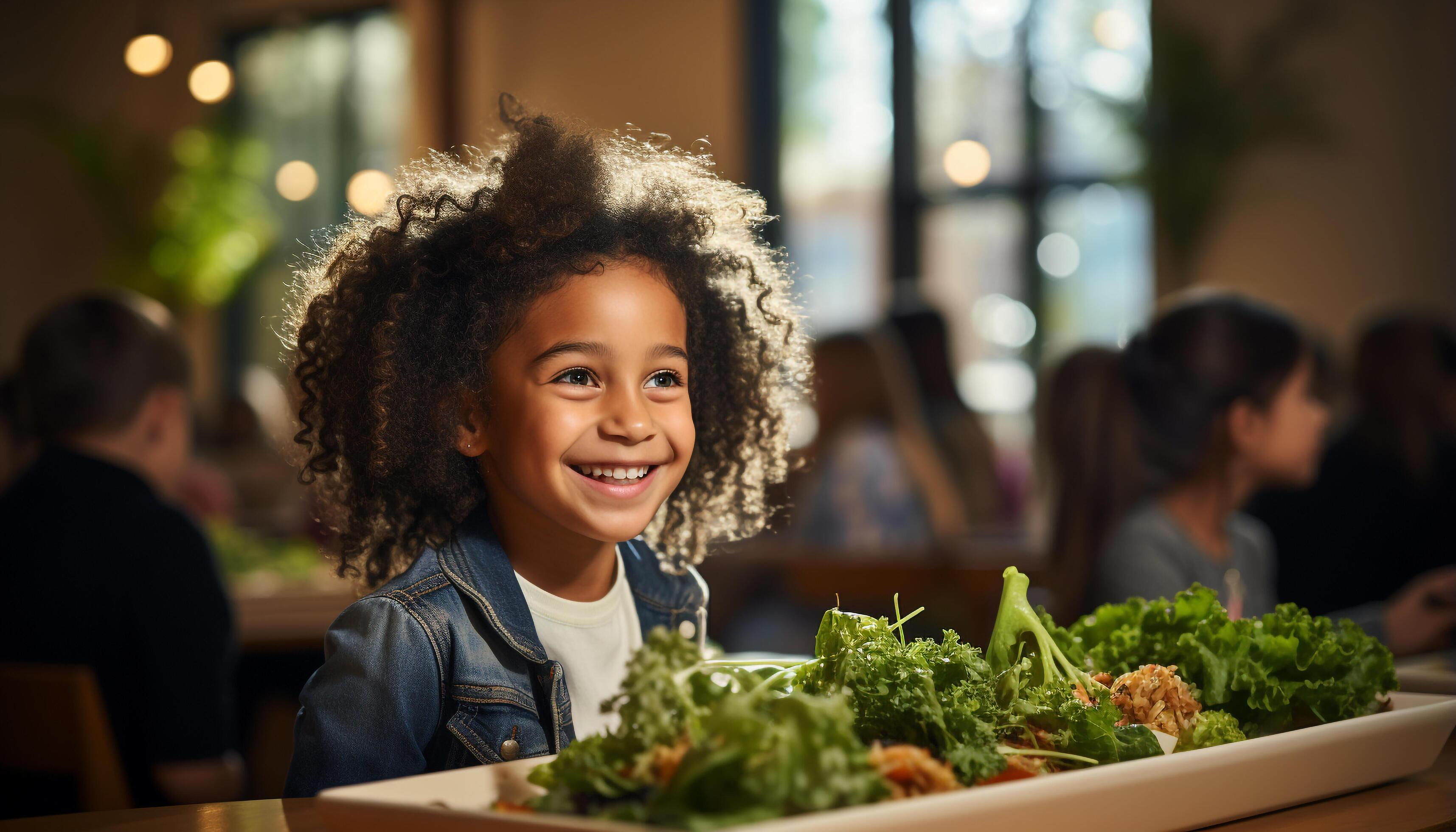 AI generated Smiling child enjoying healthy meal in cozy kitchen with family generated by AI Stock Free