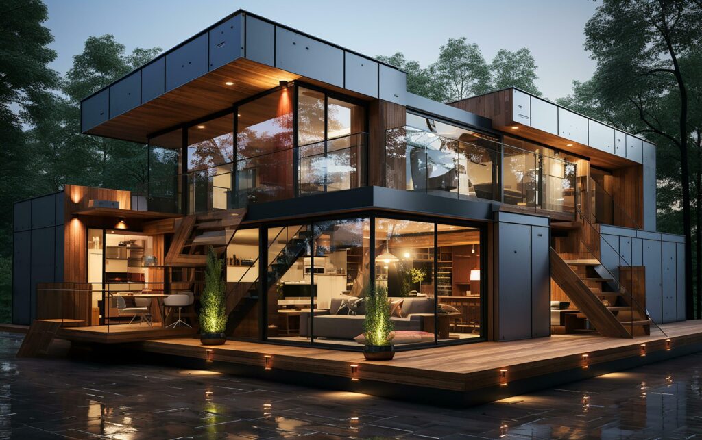 unique industrial architecture house in daylight, photo-realistic AI generative Stock Free