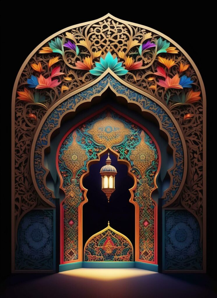 3d render mosque element in ornate arabic, Islamic architecture style interior. AI Generative Stock Free