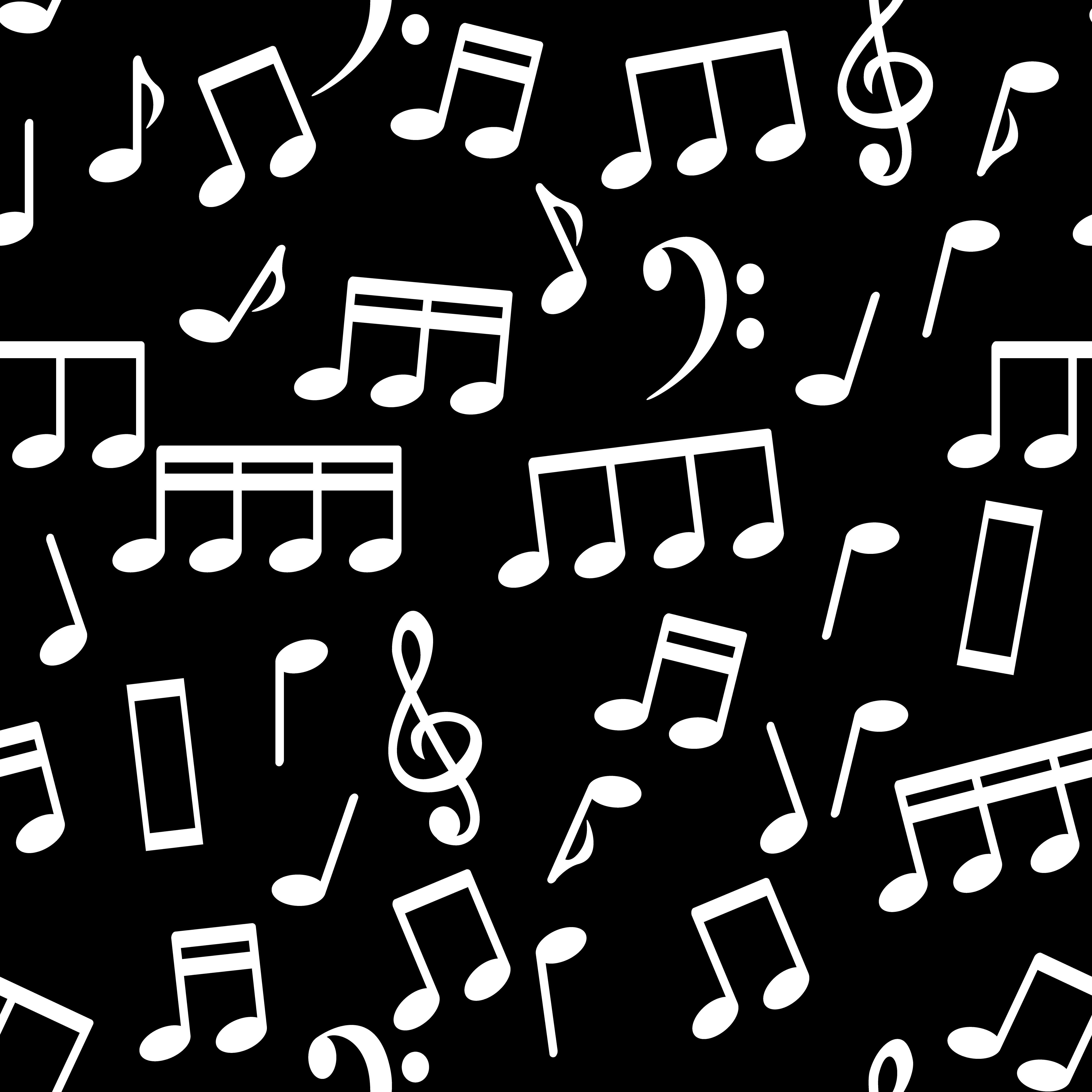 Musical Notes, White on Black, Seamless Pattern Background Vector Illustration Free Vector