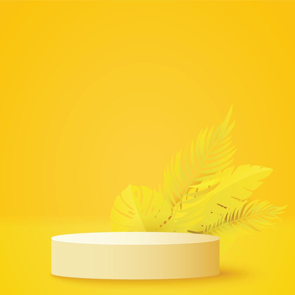 Yellow Product podium with paper cut monstera leaf on yellow background. Modern mockup template for advertising. Vector illustration Free Vector