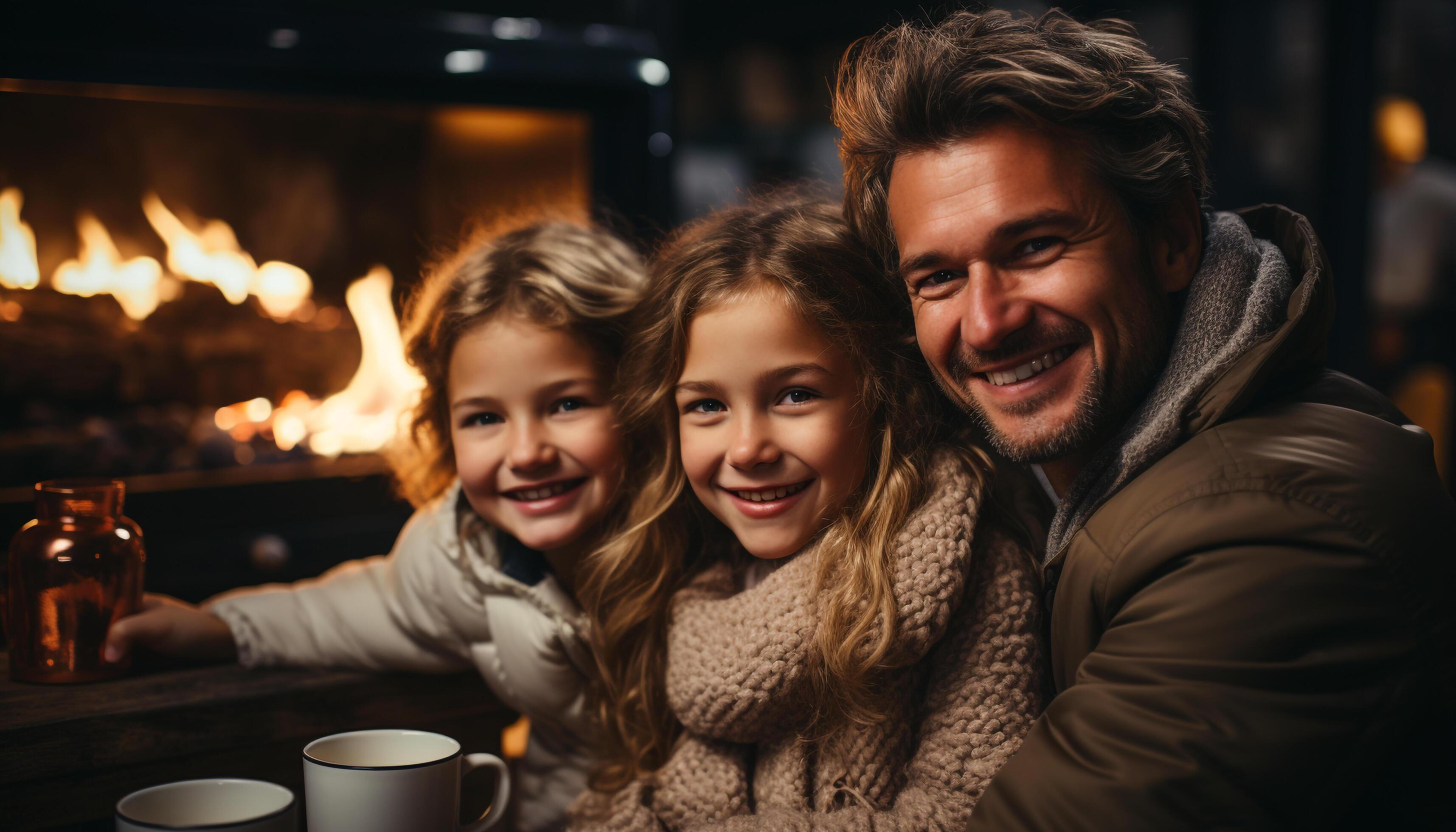 AI generated Smiling family, cheerful indoors, bonding in warm winter celebration generated by AI Stock Free