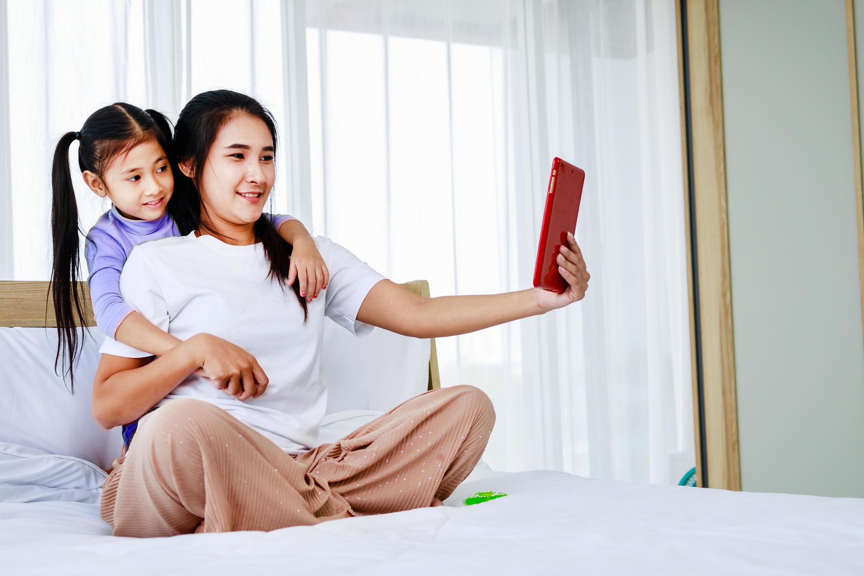 Video Call Family Selfie. Portrait Mother and Kids Kissing on Camera. Stock Free