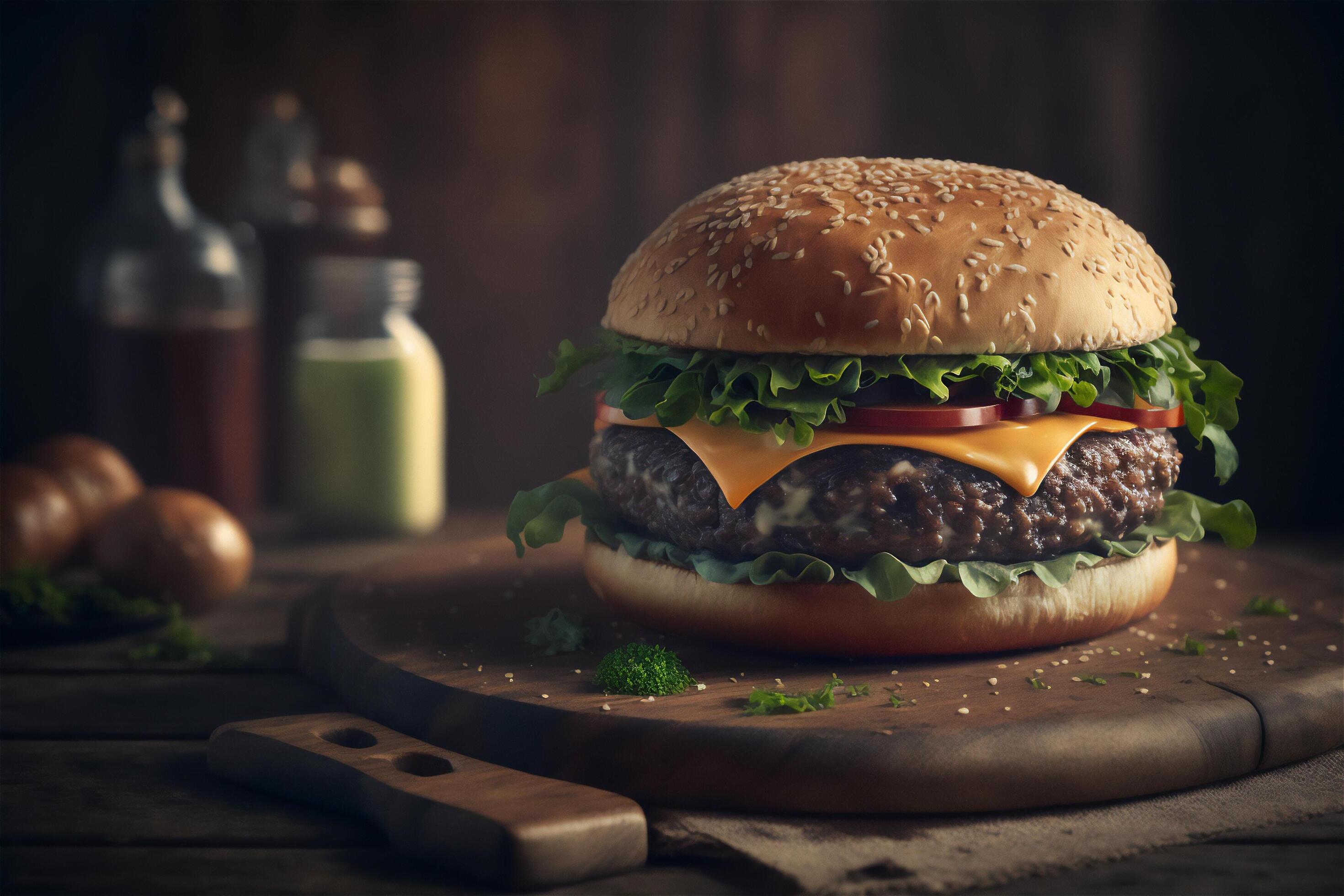 Tasty homemade hamburger on rustic wooden table. Copy space. Advertising. . Fast food snack Stock Free