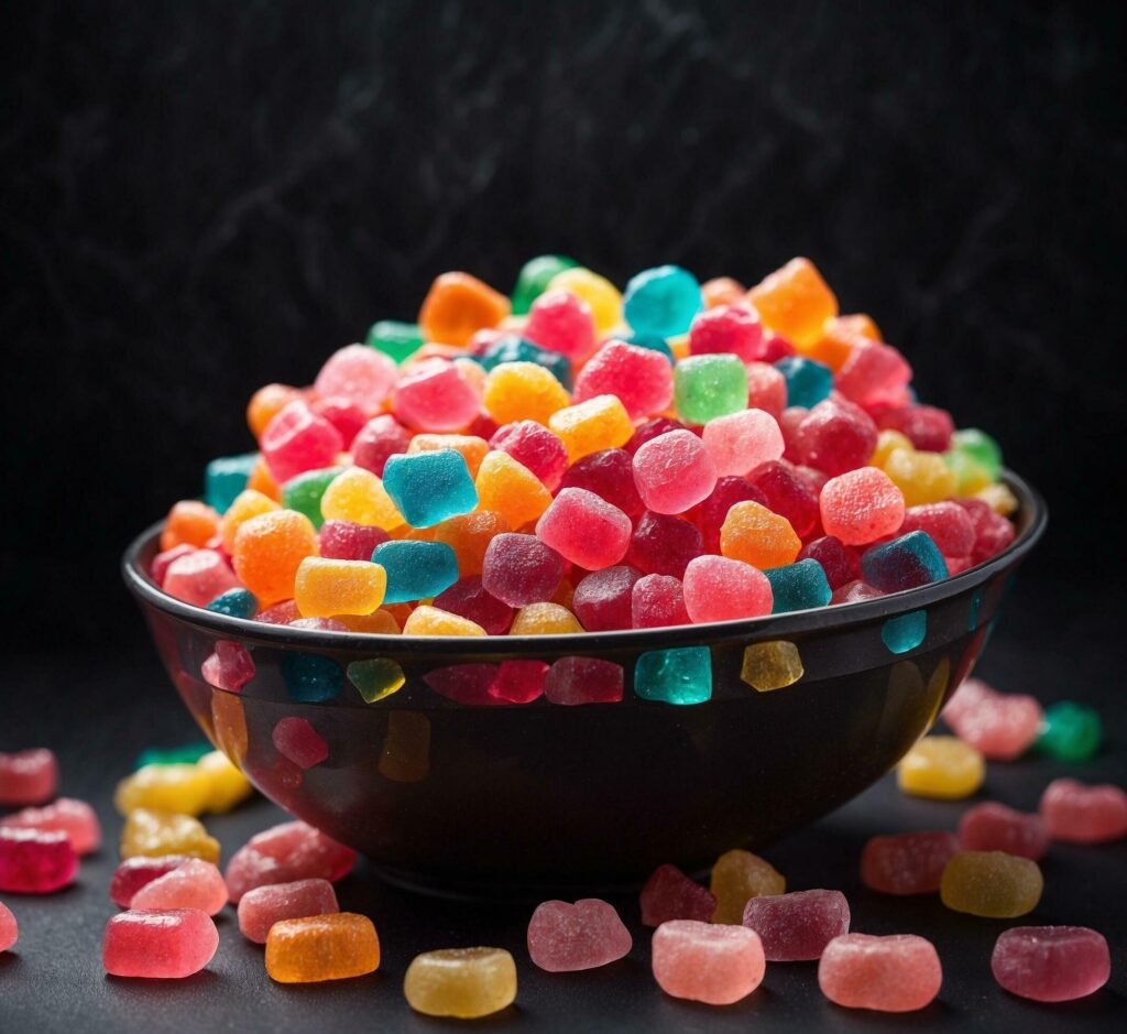 Colorful candies in a bowl on black background, selective focus Free Photo