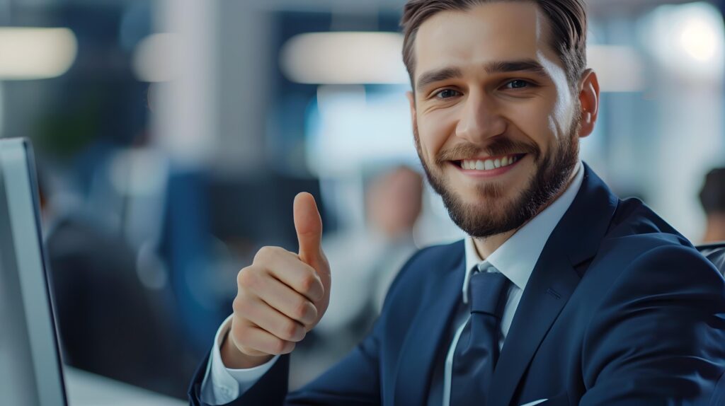 Confident Young Business Manager Showing Thumbs Up in Office Stock Free