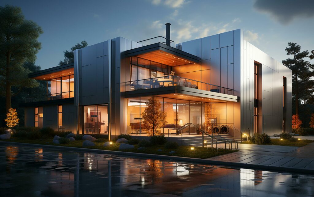 unique industrial architecture house in daylight, photo-realistic AI generative Stock Free