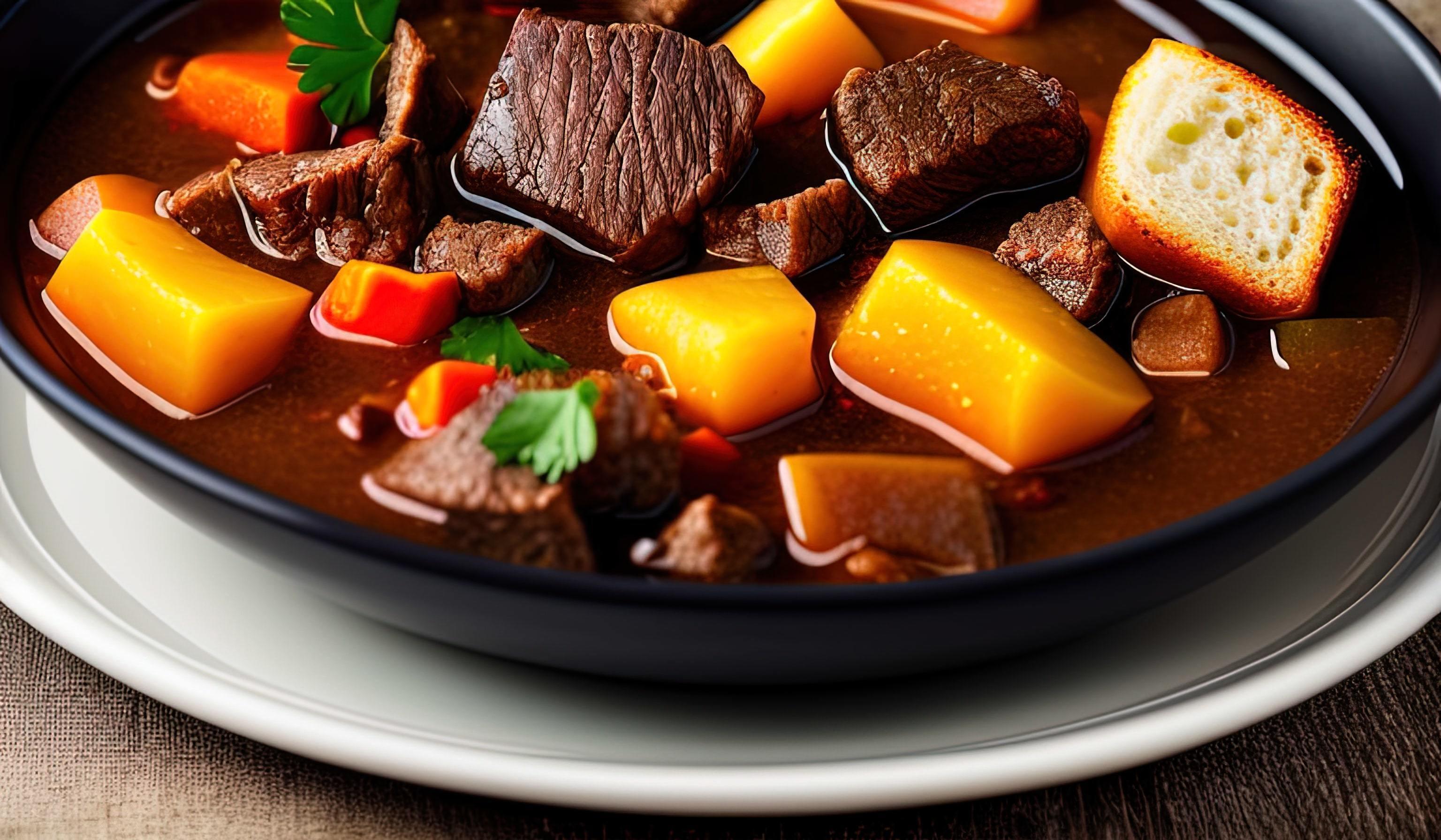 professional food photography close up of a a bowl of beef stew with bread on the side Stock Free