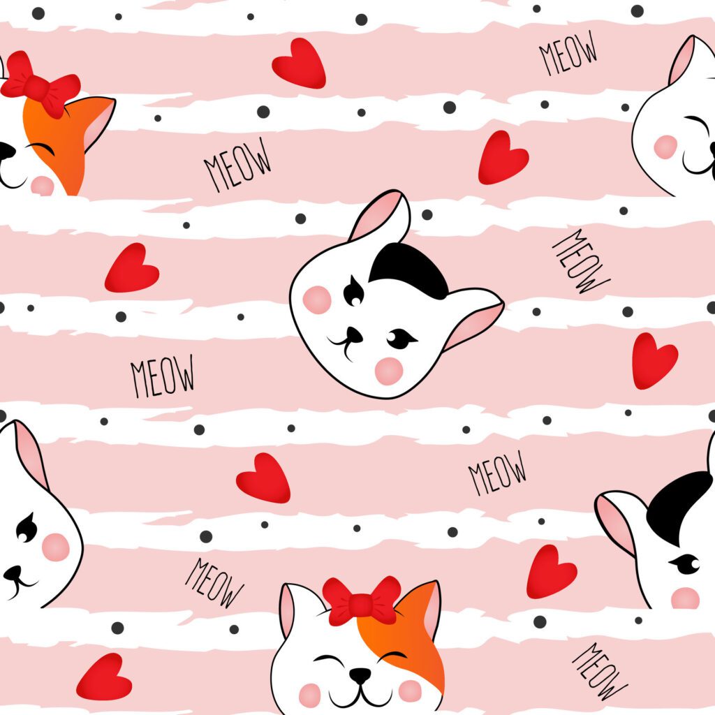 Seamless pattern with many different red and black and white heads of cats on pink striped background. illustration for children. Free Vector