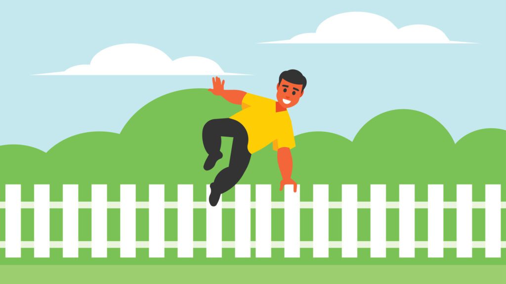 boy jumps over a fence in a farm with garden background illustration Free Vector