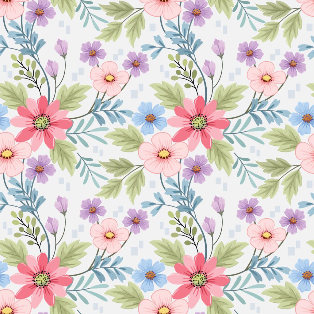 Colorful hand draw flowers seamless pattern. Free Vector