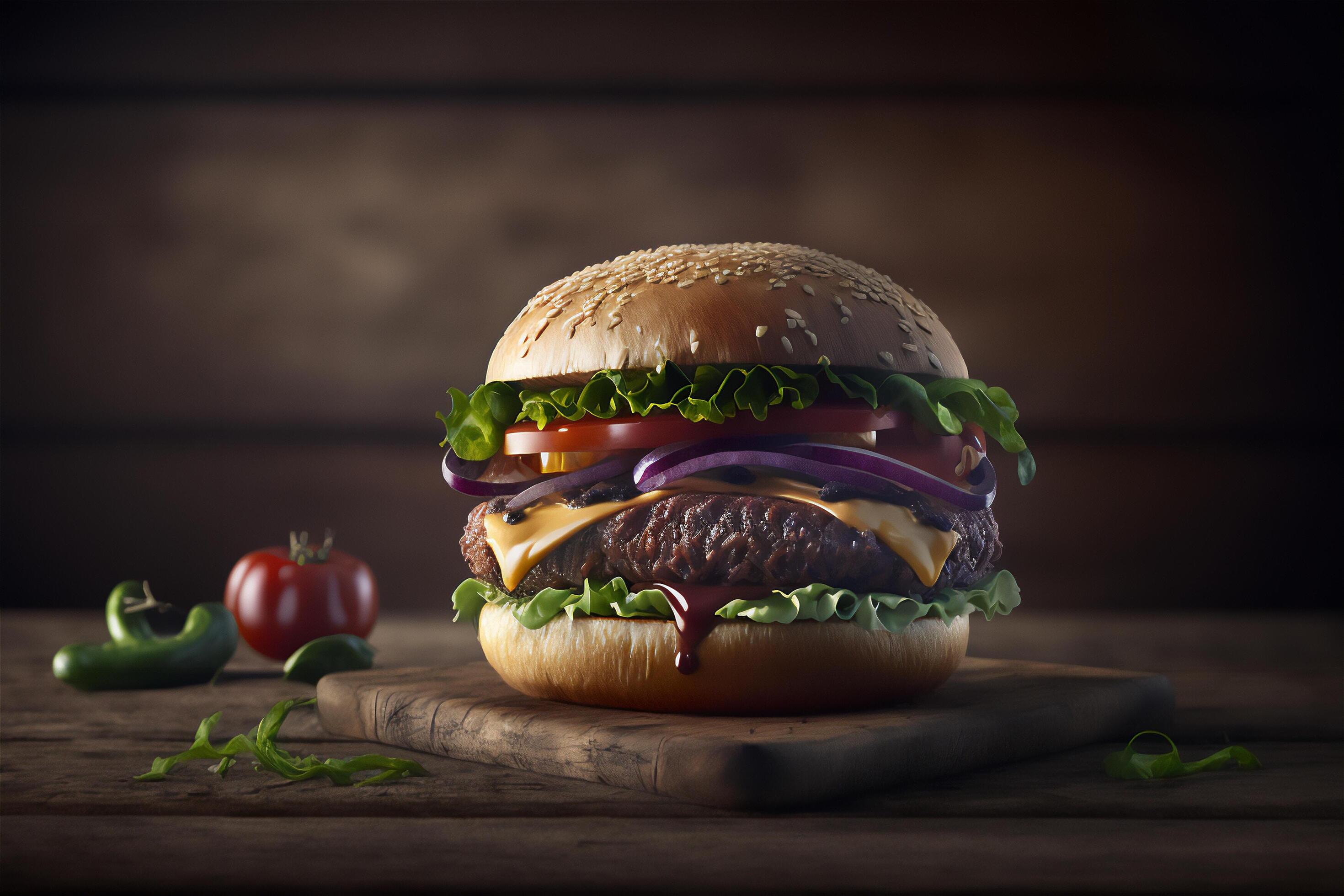 Tasty homemade hamburger on rustic wooden table. Copy space. Advertising. . Fast food snack Stock Free