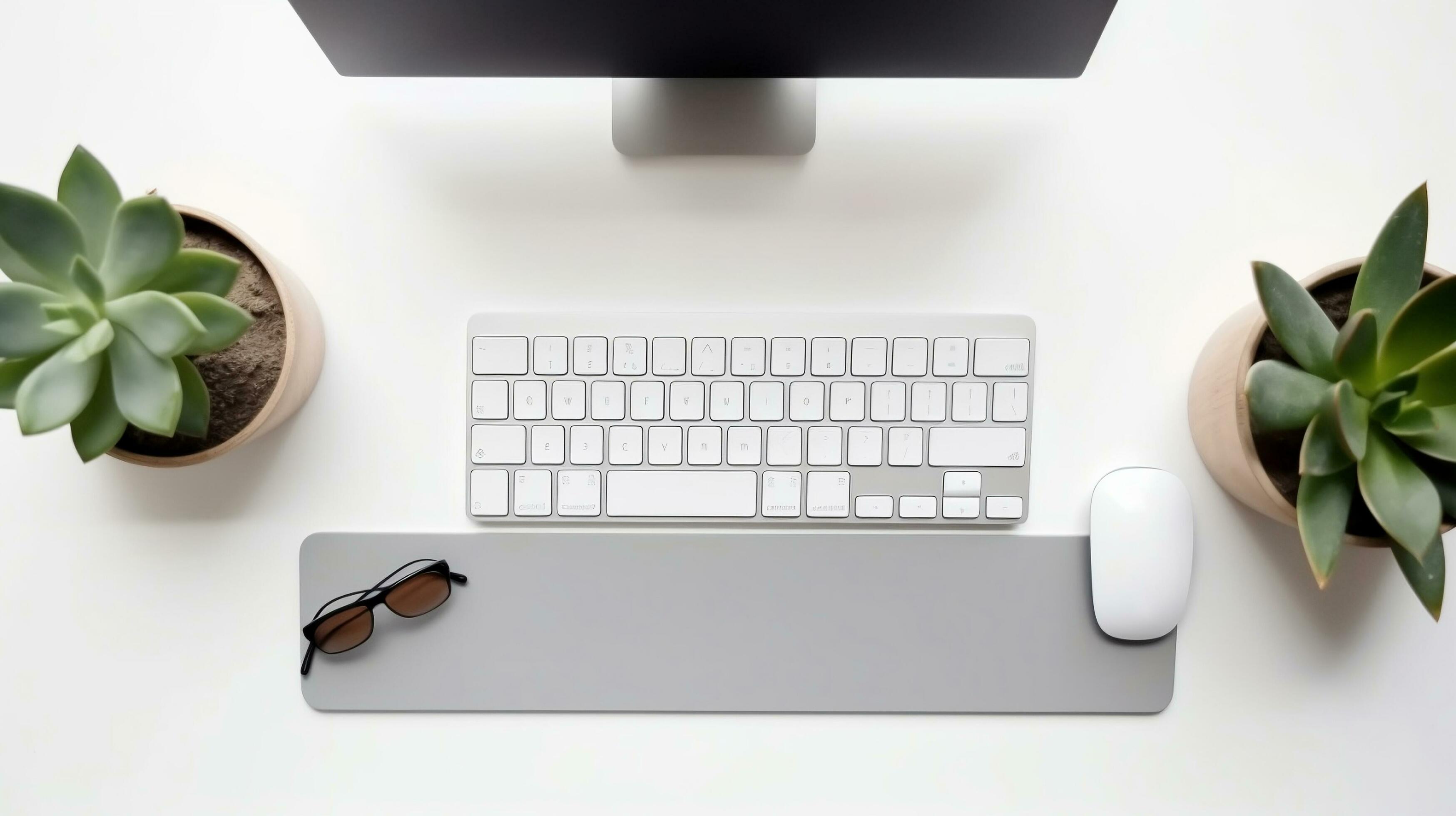 Top view of modern workplace with computer keyboard, glasses and succulent plants on white background.AI Generate Stock Free