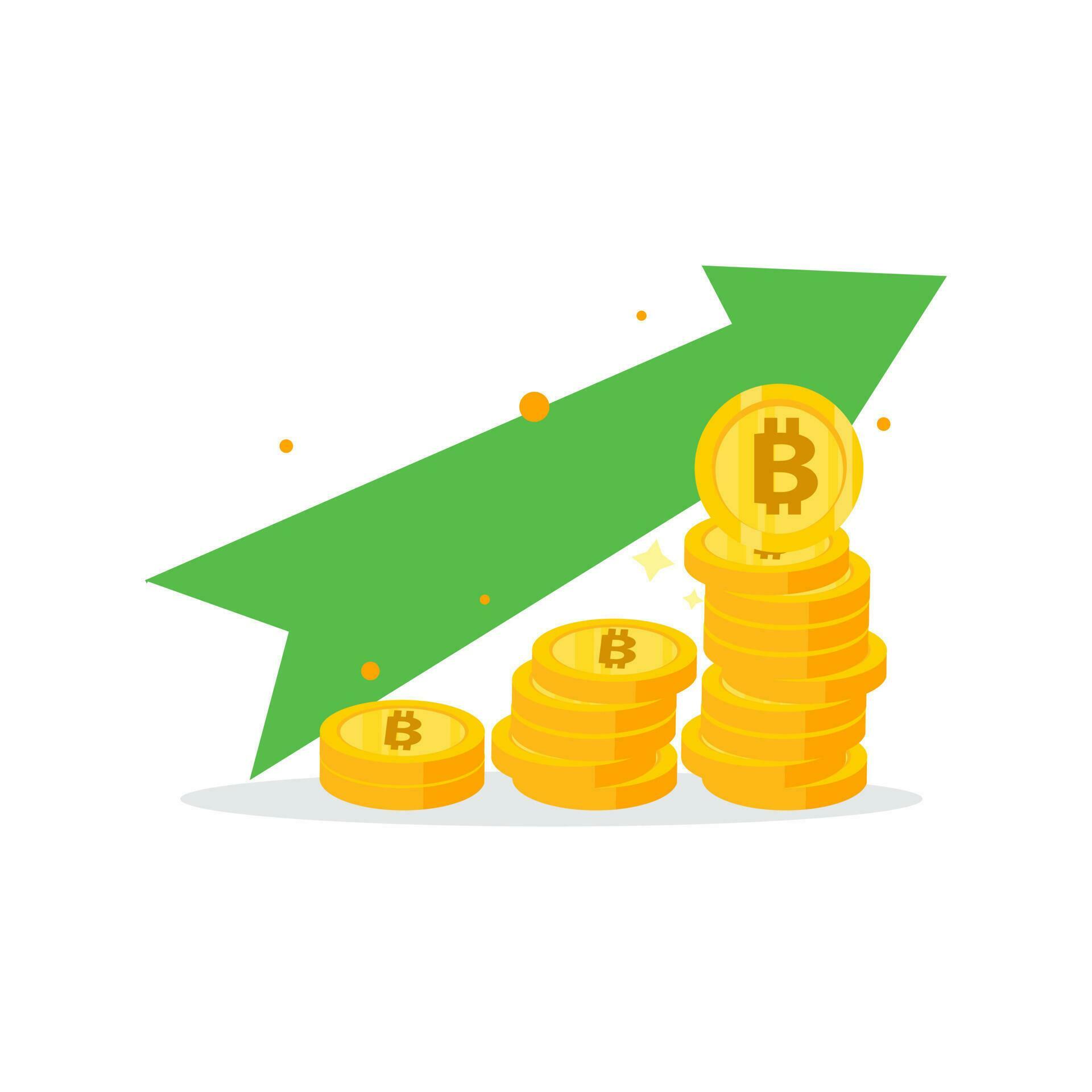 golden bitcoin coins stack and up arrow. Flat vector icon isolated on white. Economy, finance, money symbol. Currency pictogram. Vector illustration. decrease Stock Free