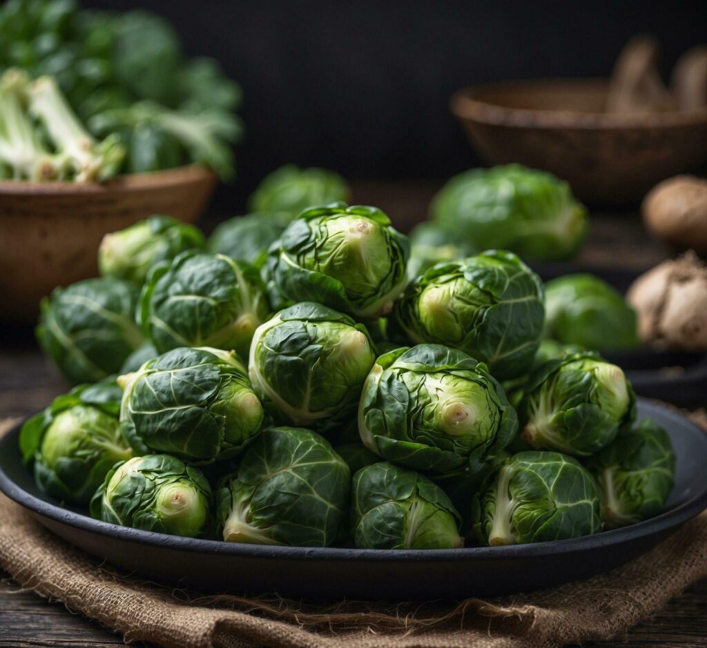 Fresh brussels sprouts on rustic wooden background, selective focus Free Photo