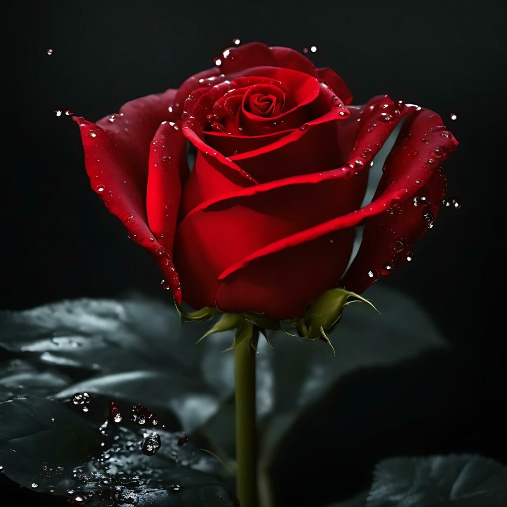 A Red Rose Flower With Water Drop In Dark Theme Generative Ai Stock Free