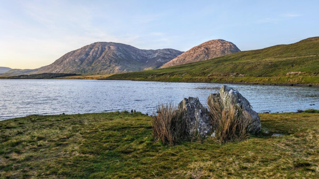 Lough Inagh, Connemara national park, county Galway, Ireland, lakeside landscape scenery with mountains in background, scenic nature wallpaper Stock Free