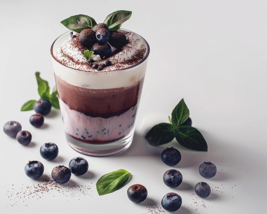 blueberry yogurt smoothie with chocolate and berries on white background Stock Free