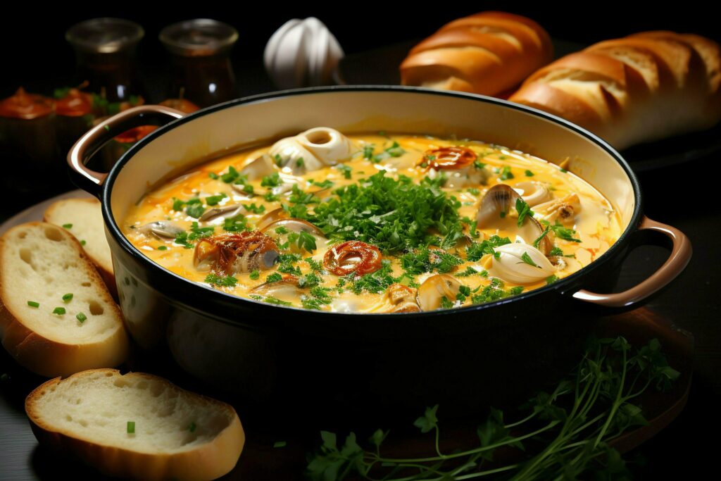 A delicious bouillabaisse soup food in a bowl. Marseille food and healthy protein soup meal concept by AI Generated Stock Free