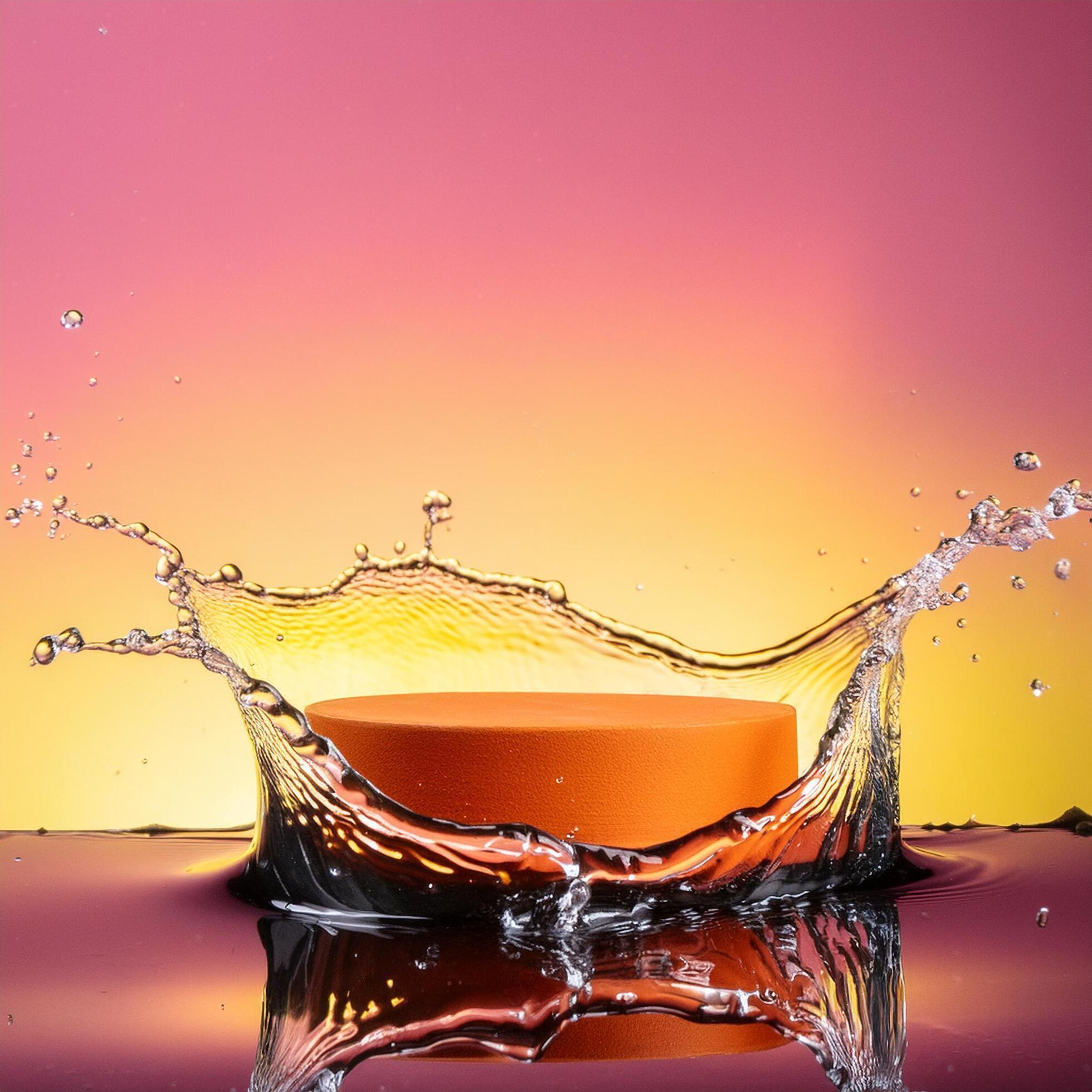 empty orange podium mockup with water splash on a gradient background for product display Stock Free