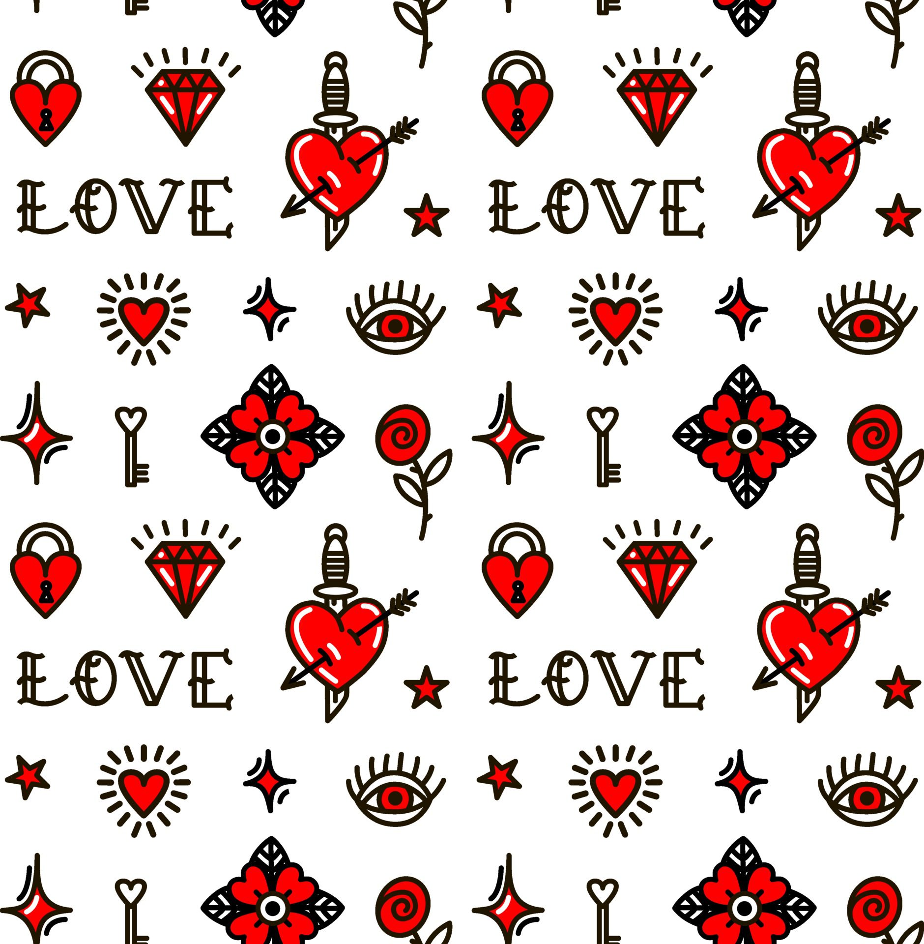 Valentines Day in old school style seamless pattern. Vector illustration. Design For Valentines Day, Stilts, Wrapping Paper, Packaging, Textiles Free Vector