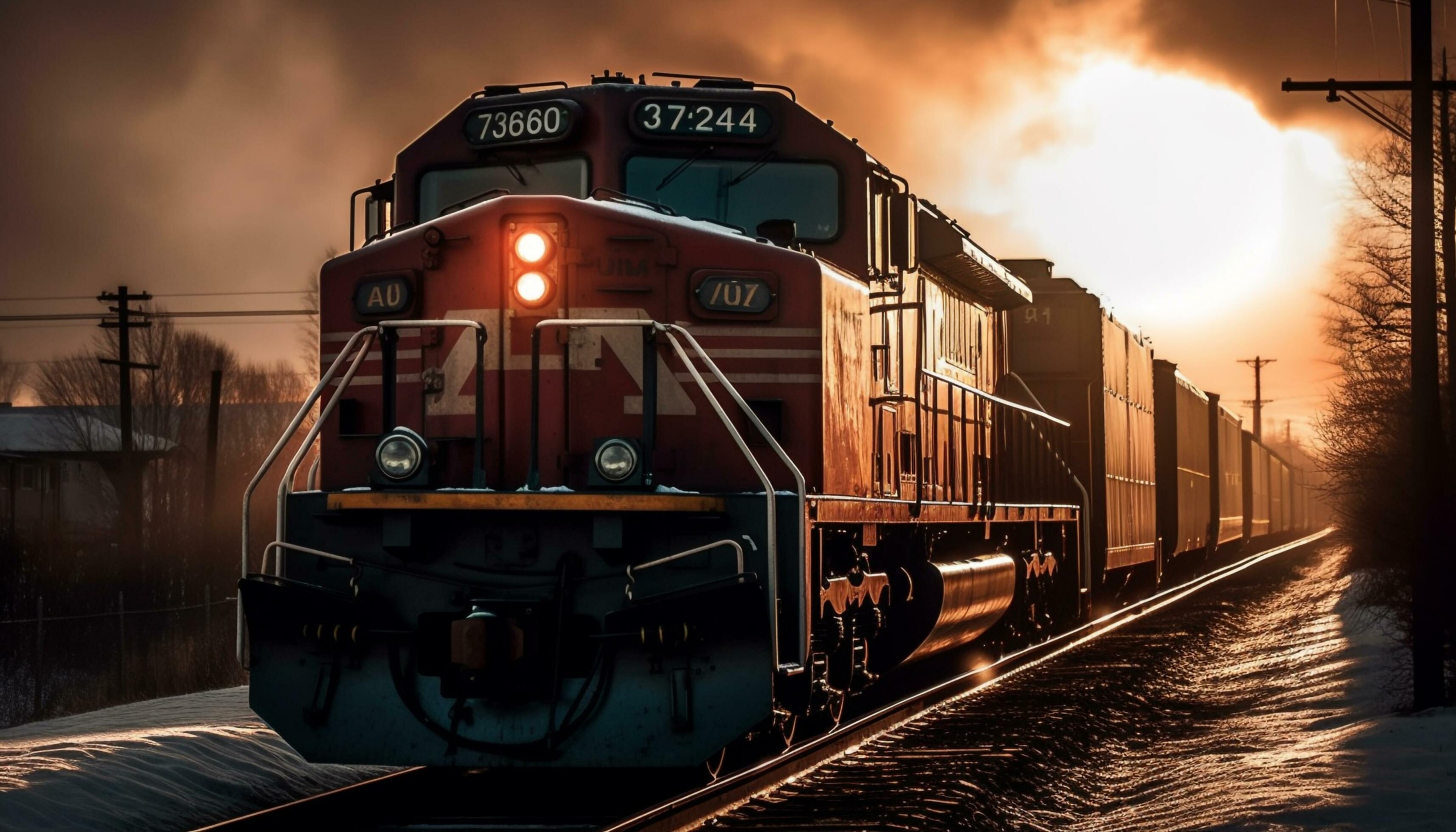 Steam train speeds through sunset, transporting freight generative AI Stock Free