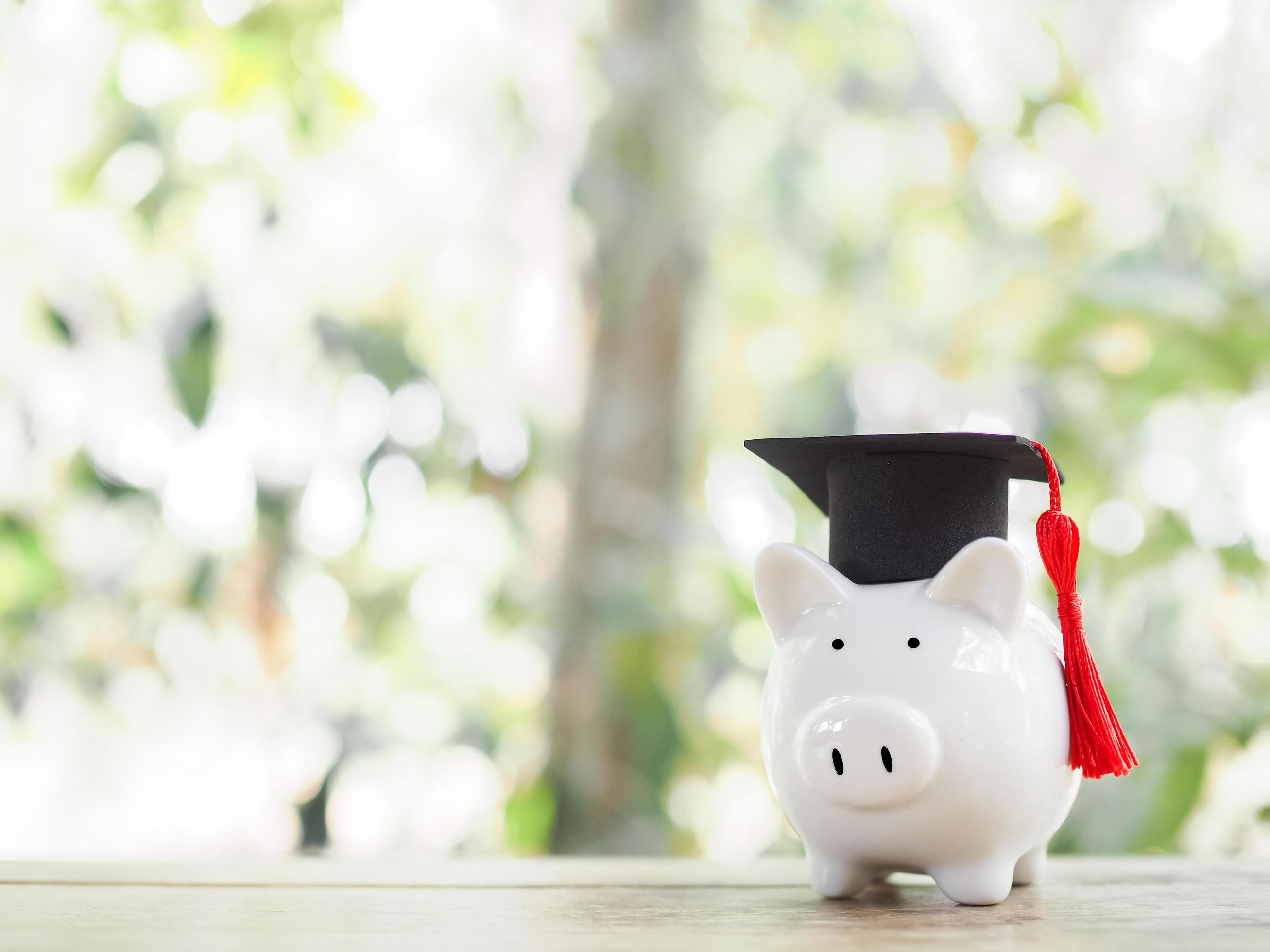 Piggy bank with graduation hat. The concept of saving money for education, student loan, scholarship, tuition fees in future Stock Free