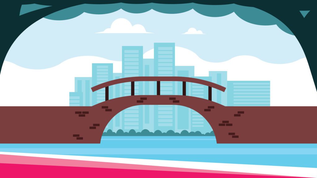 landscape river with a bridge and cityscape on background Free Vector