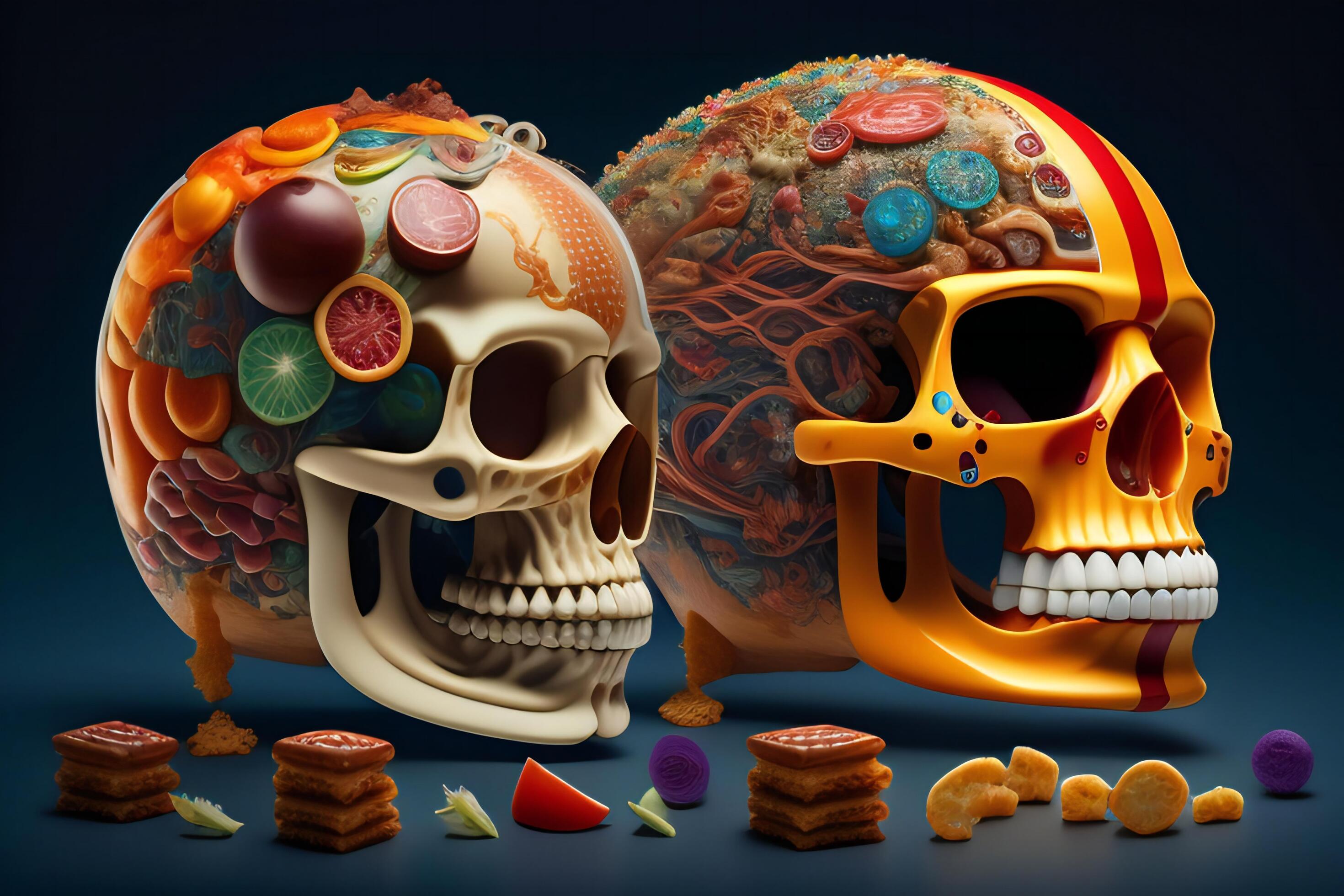 the anatomy of a zoombie head made of junk food. Stock Free