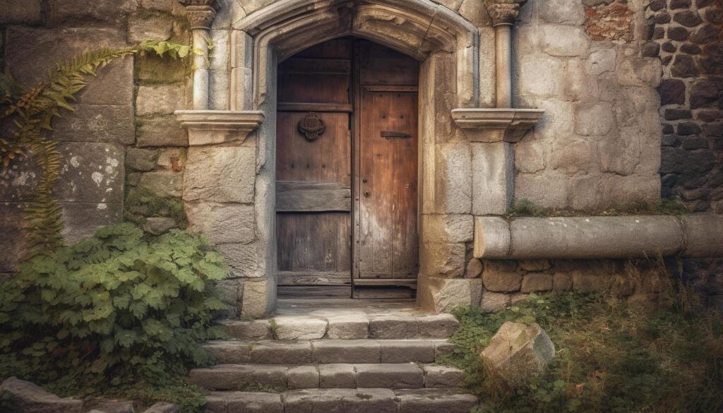 Ancient archway entrance to old Christian building, weathered stone material generated by AI Stock Free