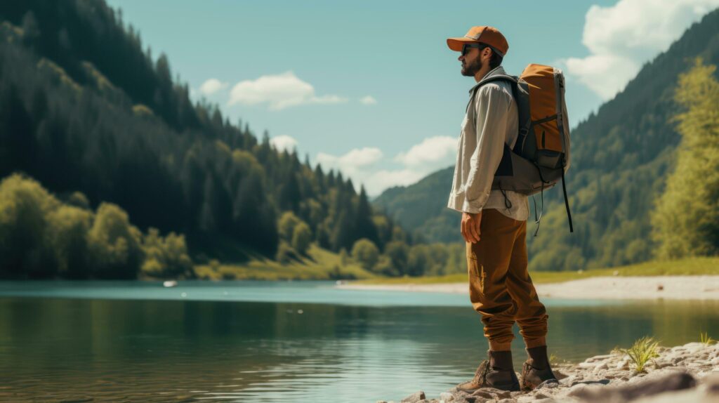 Man with tourist backpack and forest landscape. Generative AI Free Photo