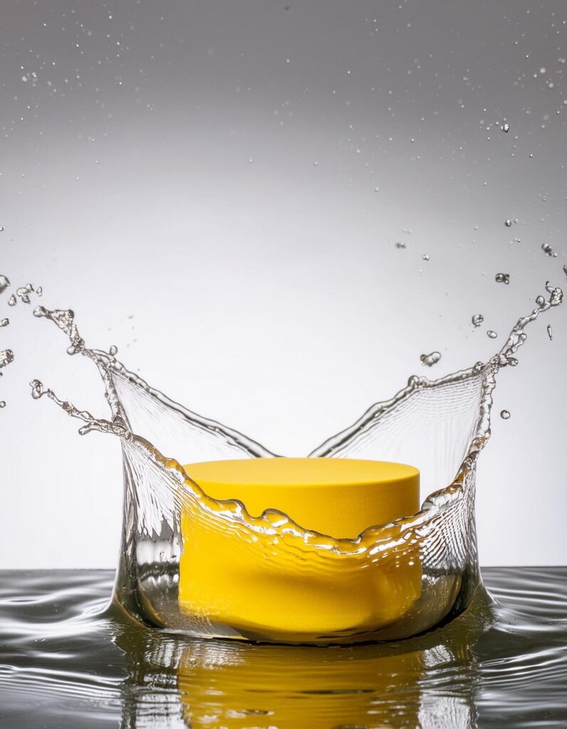 empty yellow podium mockup with water splash on a gradient background for product display Stock Free