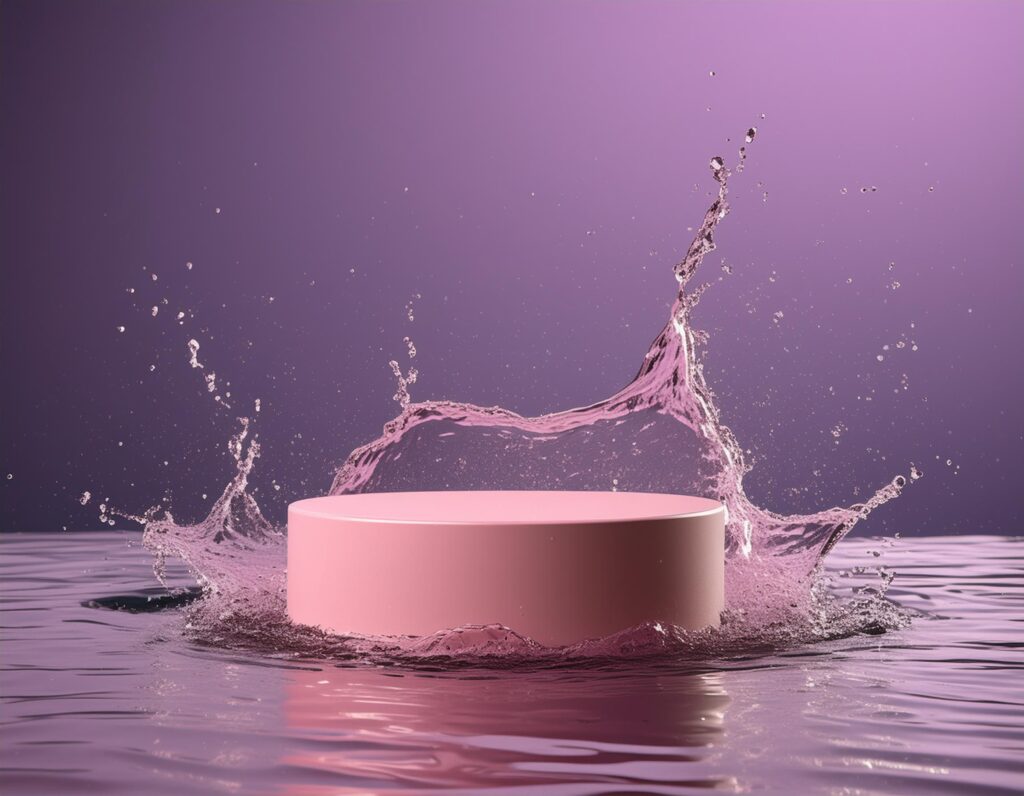 empty pink podium mockup with water splash on a purple gradient background for product display Stock Free