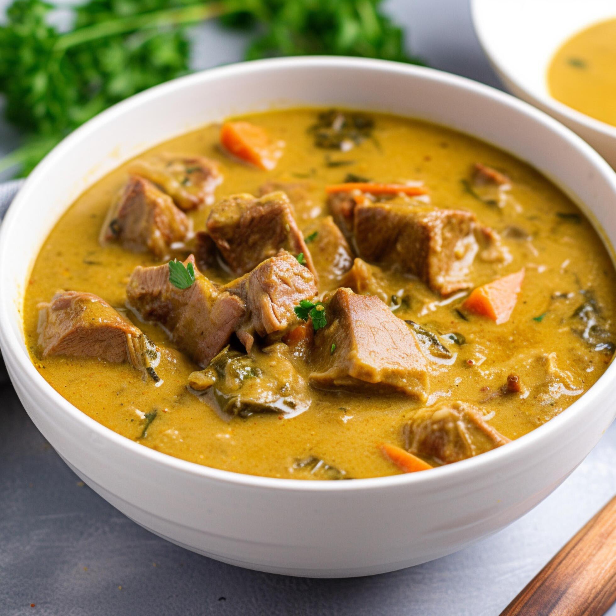 Bowl of hearty creamy jamaican food goat curry soup Stock Free