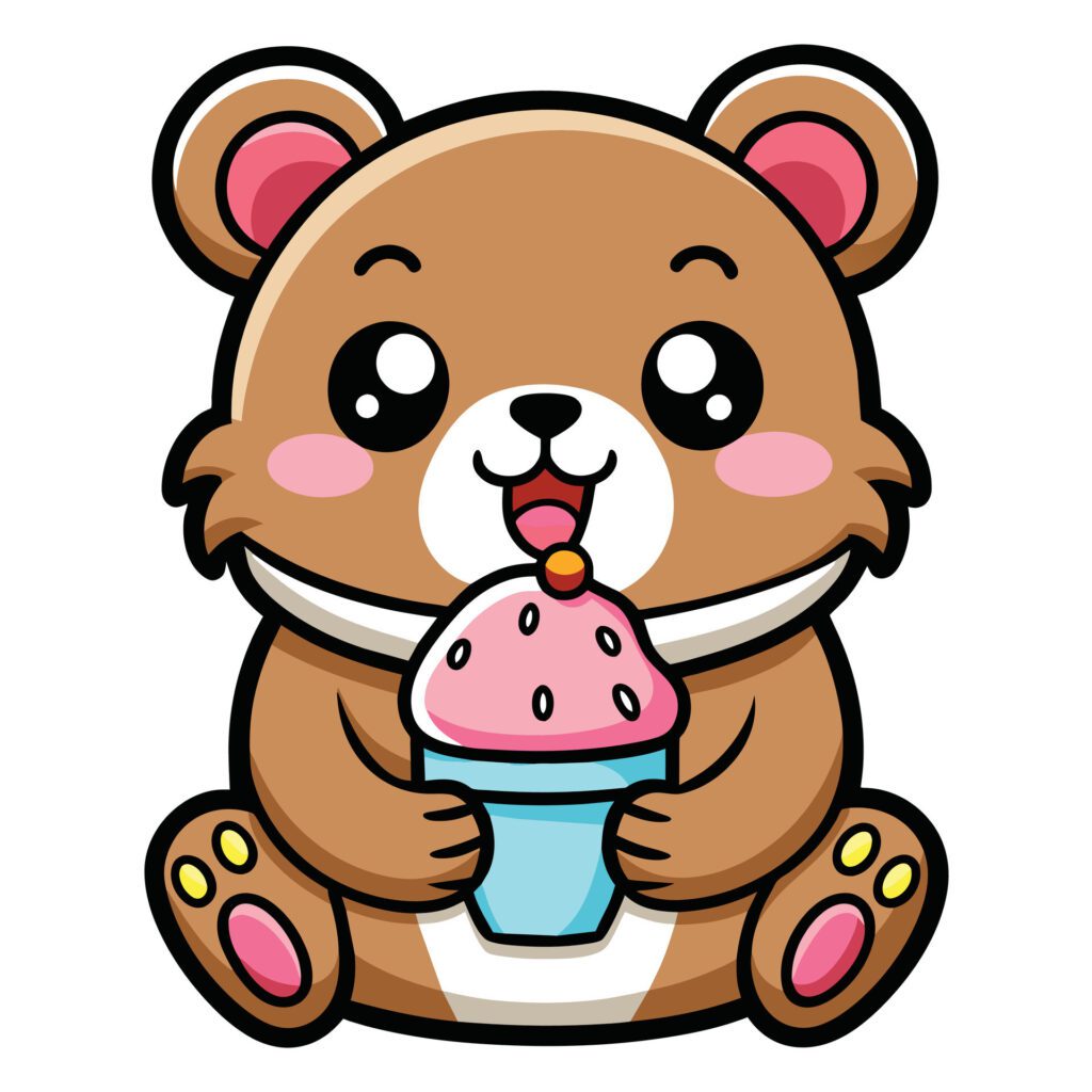 a cute kawaii bear eating ice cream, with clean black outlines, white background Free Vector