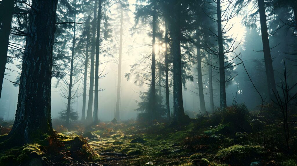 Mystical Morning, Sunrays Illuminating a Forest Trail Free Photo