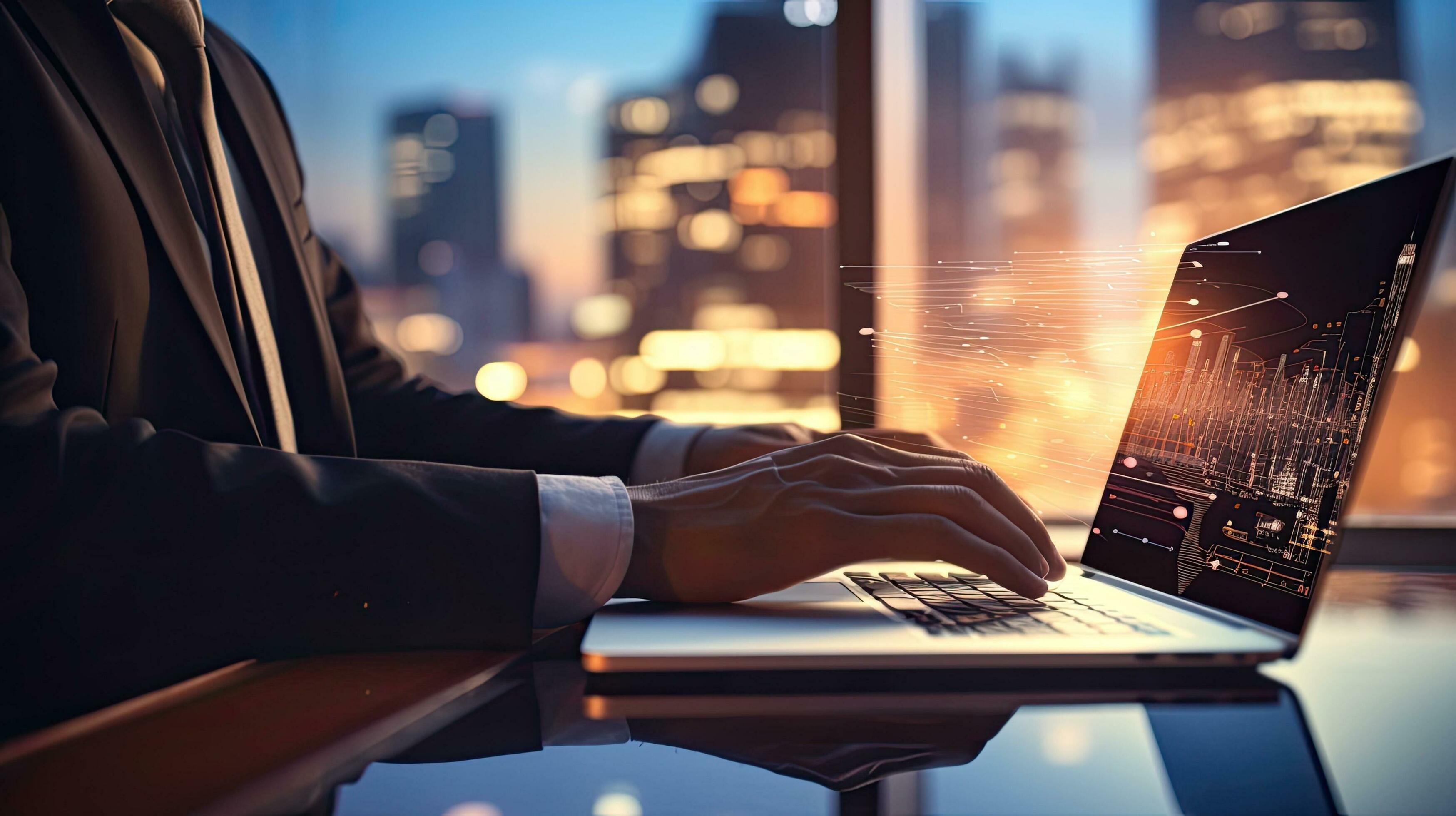 Selective focus flare light on cropped shot of businessman hand working with modern computer representing business strategy Stock Free