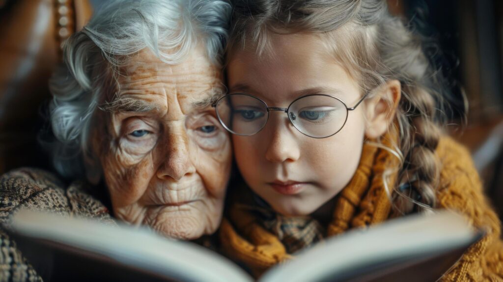 Caucasian elderly senior paternal grandmother and granddaughter is reading a book in library at home together. AI-Generated Free Photo